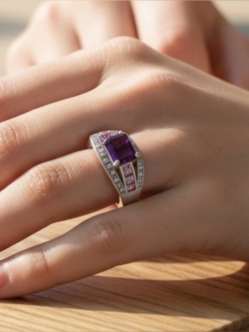 Amethyst & Lab Created Diamonds and Pink Sapphire Ring NWOT